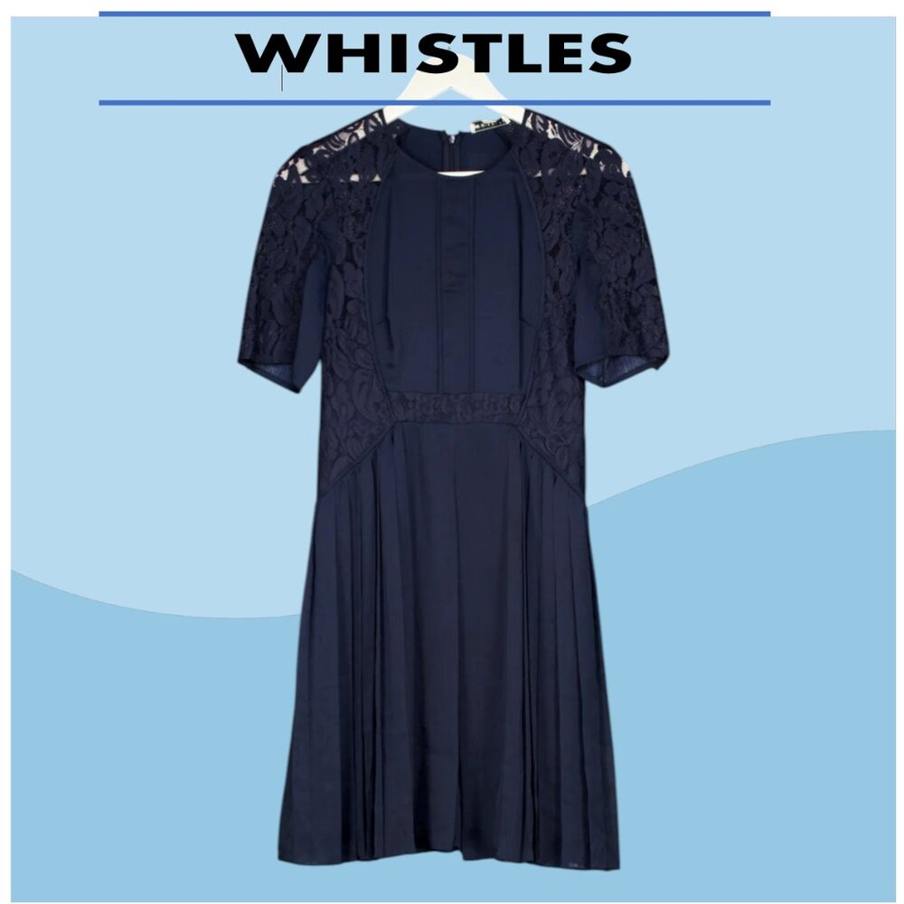 WHISTLES sz 2/S/XS Navy Lace Inserts Lined Pleated Skirt Short Sleeve Dress Zip